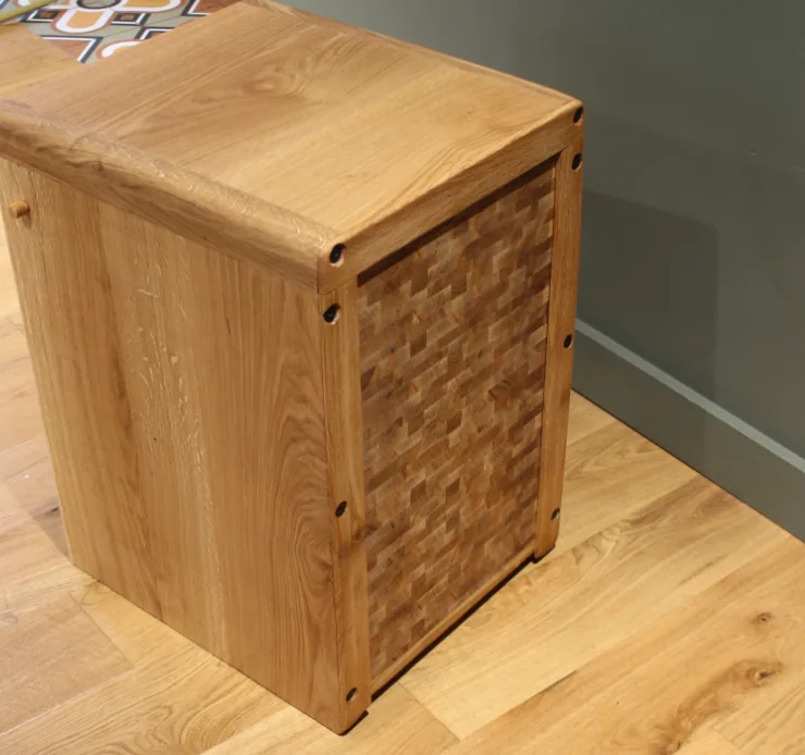 Andvari — rear of the cabinet at an angle, end-grain oak mosaic