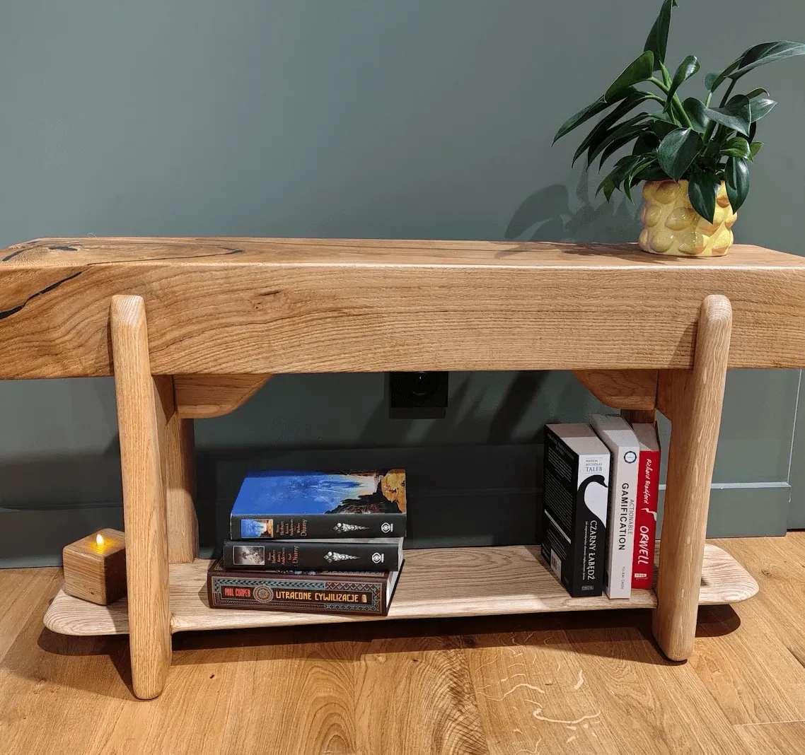 Feniks bench — oak beam with visible scars