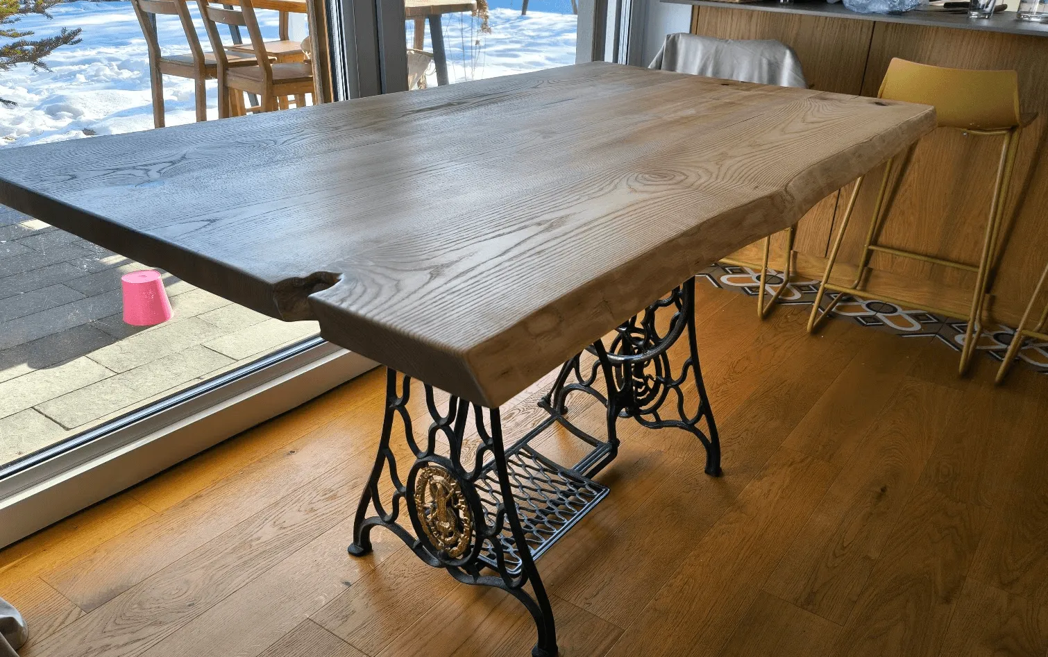 Ash live-edge top on a cast-iron Singer base